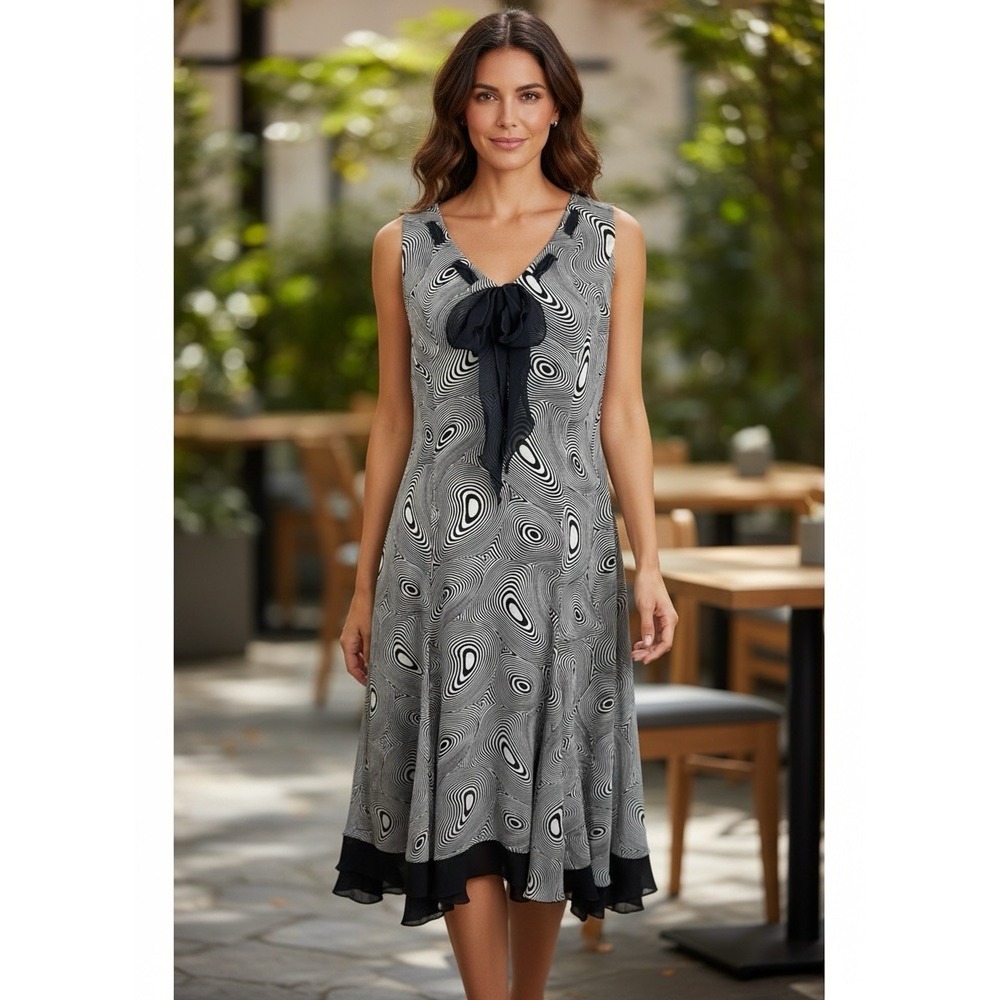 Escada Women's 38 Sleeveless Silk Flare Dress Black Creme Swirl Mod EUC